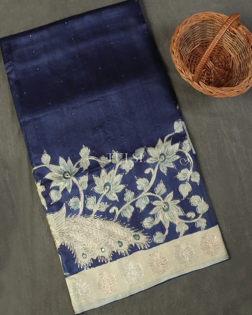 Blue Tussar Embroidery Saree T512558-image