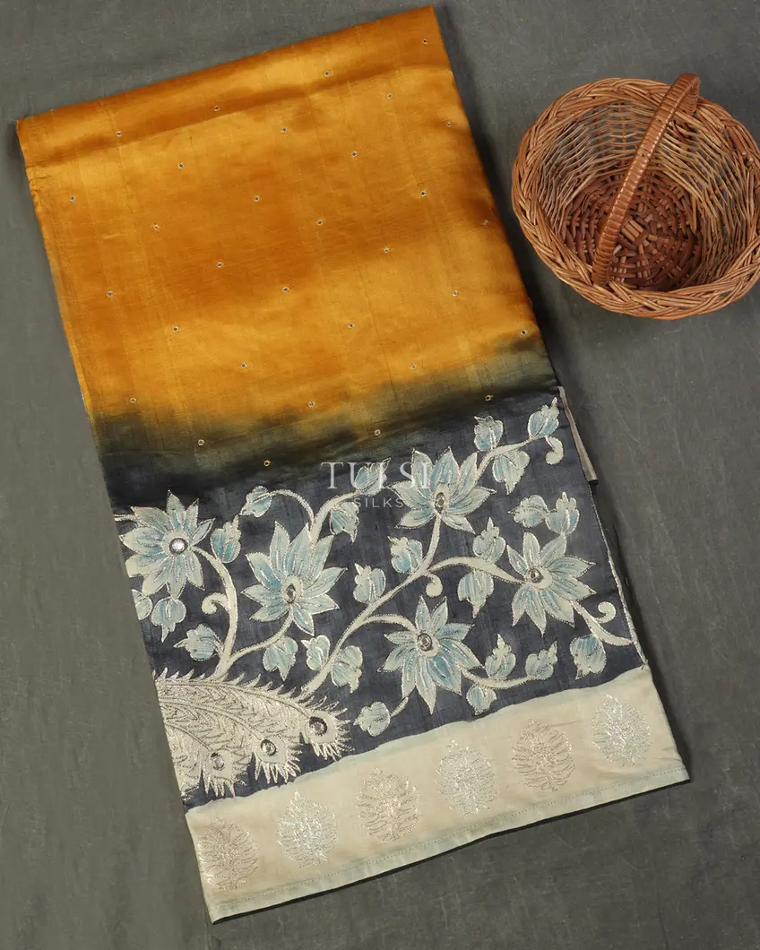 Yellow Tussar Embroidery Saree T521557-image