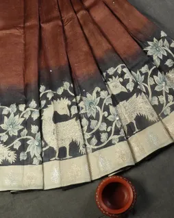 Brown Tussar Embroidery Saree T5125562