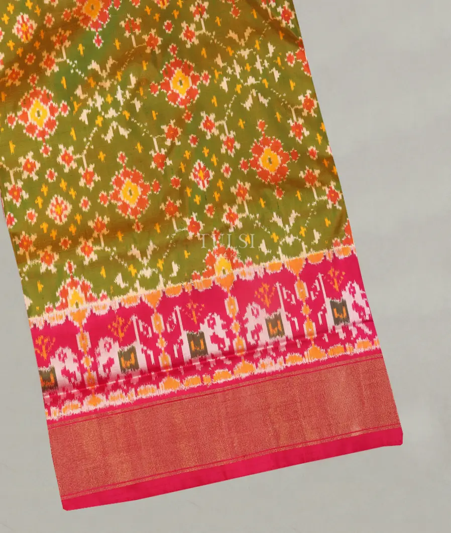 Yellowish Green Ikat Silk Saree T419337-image