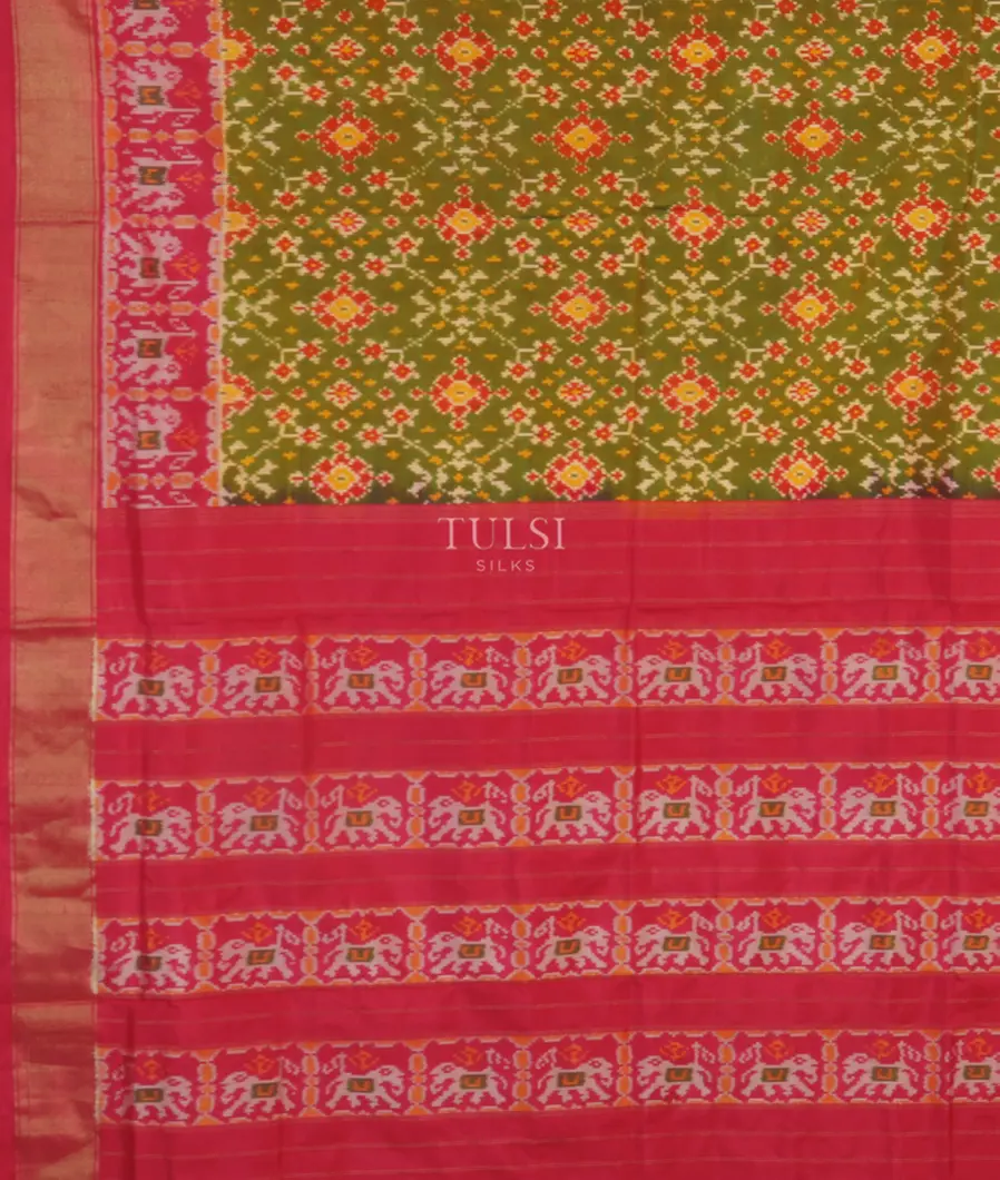 Yellowish Green Ikat Silk Saree T4193374
