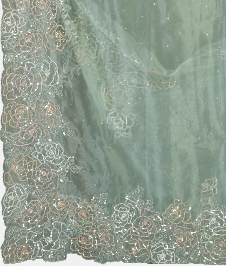 Blue Kora Tissue Organza Embroidery Saree T5127224