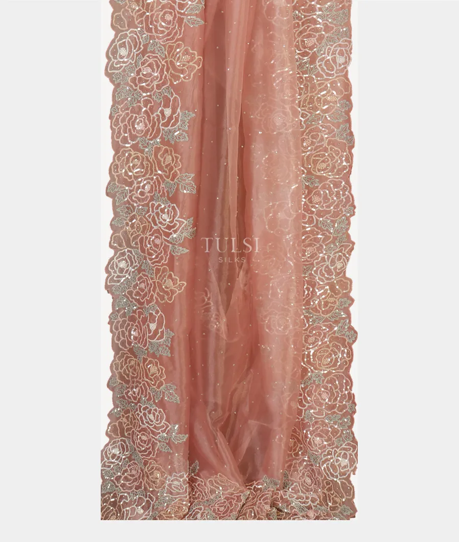 Peach Kora Tissue Organza Embroidery Saree T5127212
