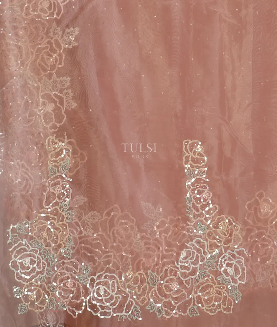 Peach Kora Tissue Organza Embroidery Saree T5127213