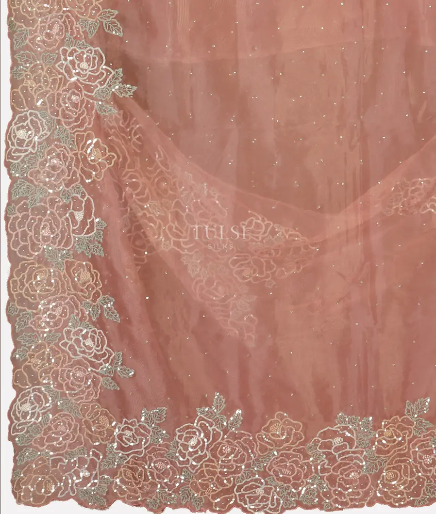 Peach Kora Tissue Organza Embroidery Saree T5127214