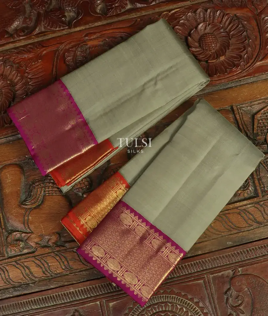 Greenish Grey Handwoven Kanjivaram Silk Dhoti and Vastharam T500240-image