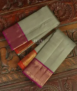 Greenish Grey Handwoven Kanjivaram Silk Dhoti and Vastharam T5002401
