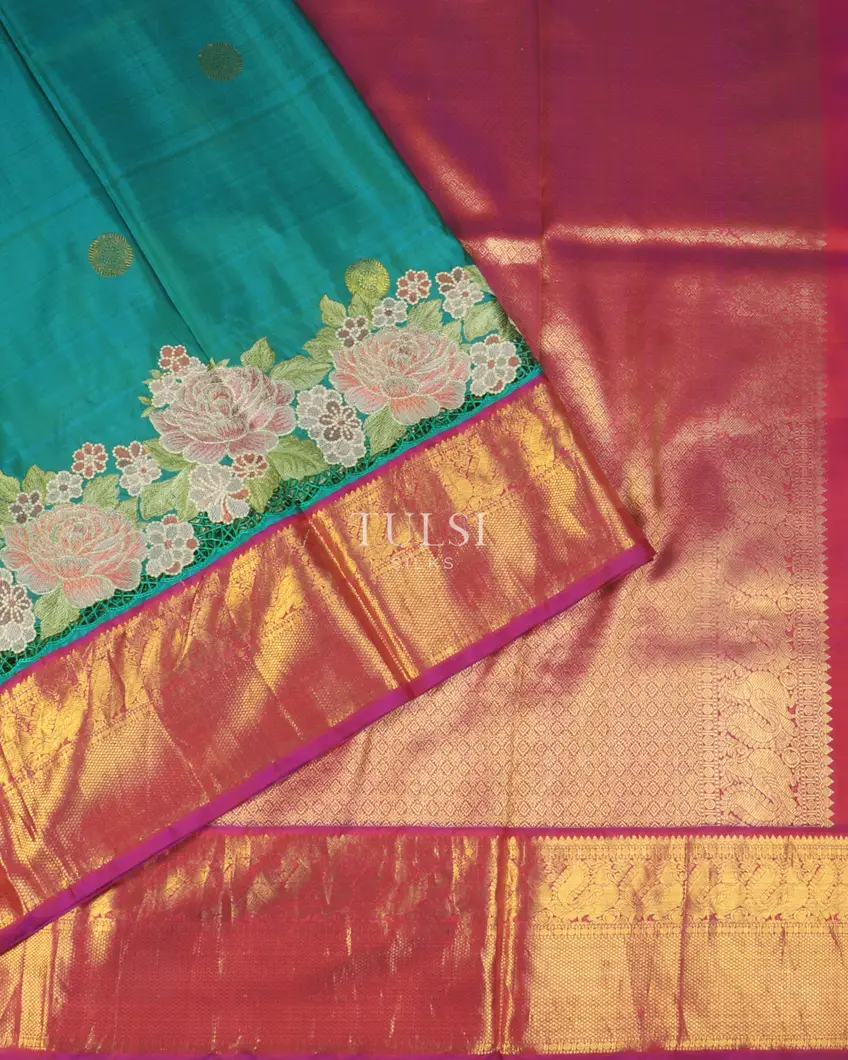 Peacock Blue Kanjivaram Cutwork Silk Saree T5170042