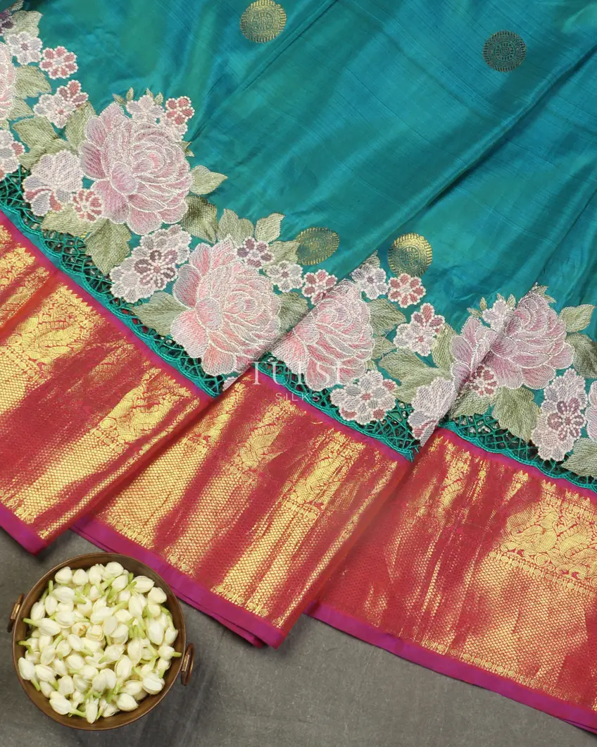 Peacock Blue Kanjivaram Cutwork Silk Saree T5170044