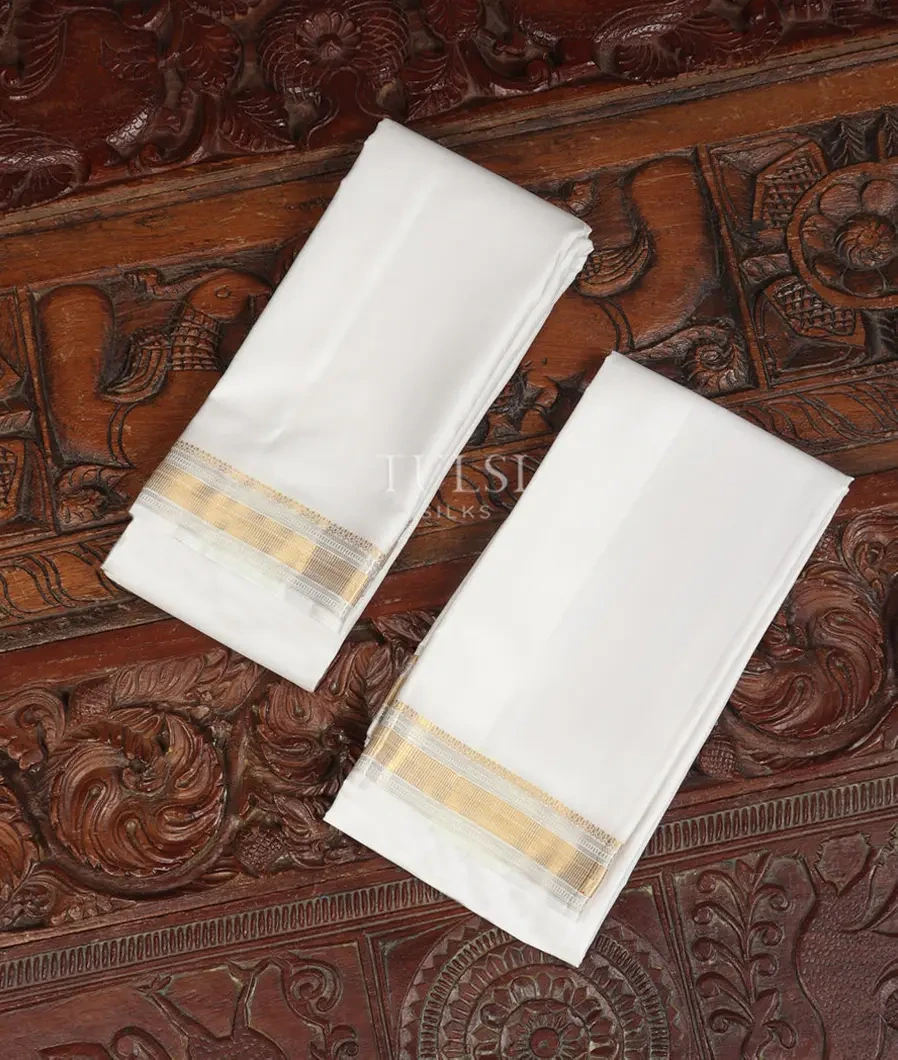 White Handwoven Kanjivaram Silk Dhoti and Vastharam T470414-image
