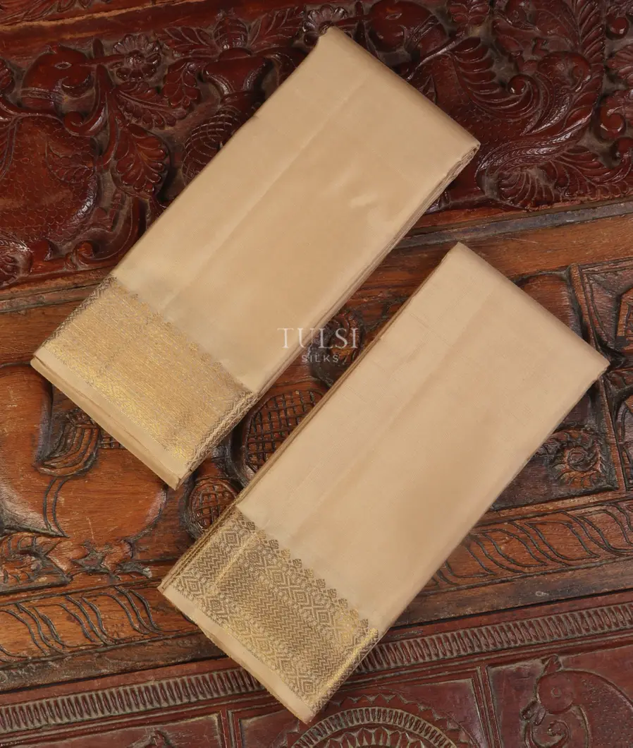 Light Beige Handwoven Kanjivaram Silk Dhoti and Vastharam T518816-image