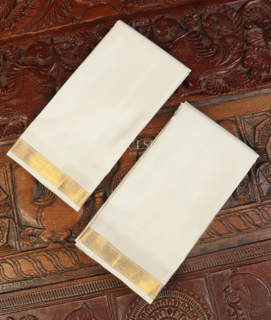 White Handwoven Kanjivaram Silk Dhoti and Vastharam T518781-image