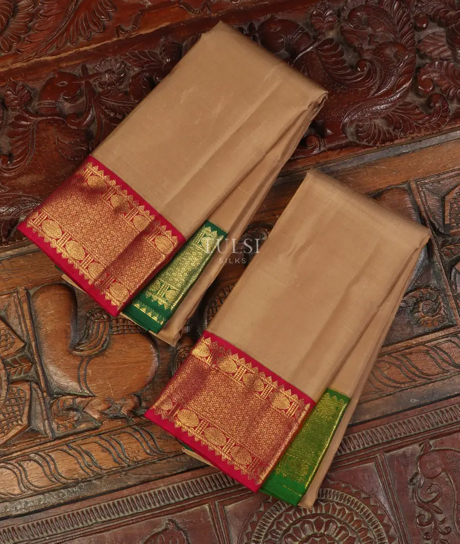 Beige Handwoven Kanjivaram Silk Dhoti and Vastharam T518794-image