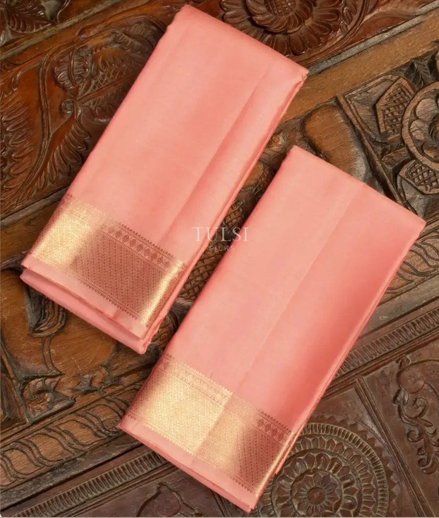 Peach Handwoven Kanjivaram Silk Dhoti and Vastharam T470408-image