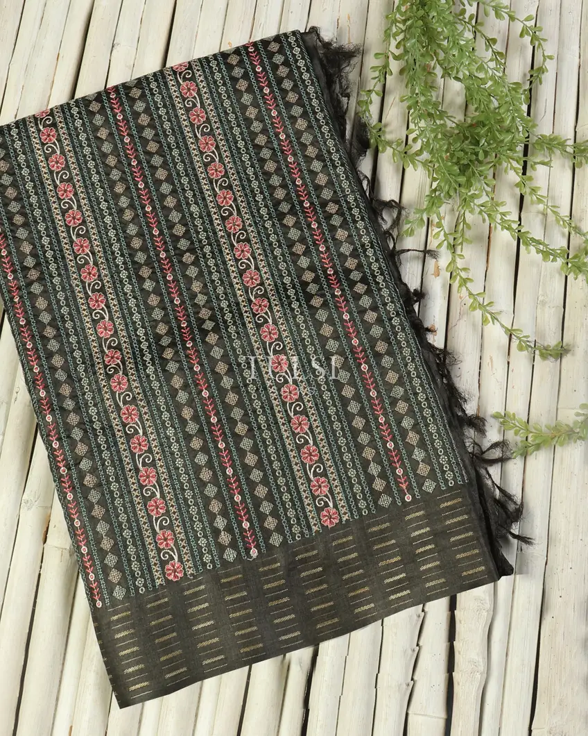 Elephant Grey Tussar Embroidery Saree T519859-image