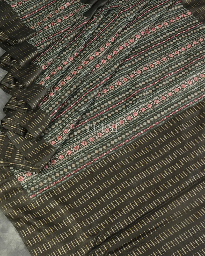 Elephant Grey Tussar Embroidery Saree T5198592