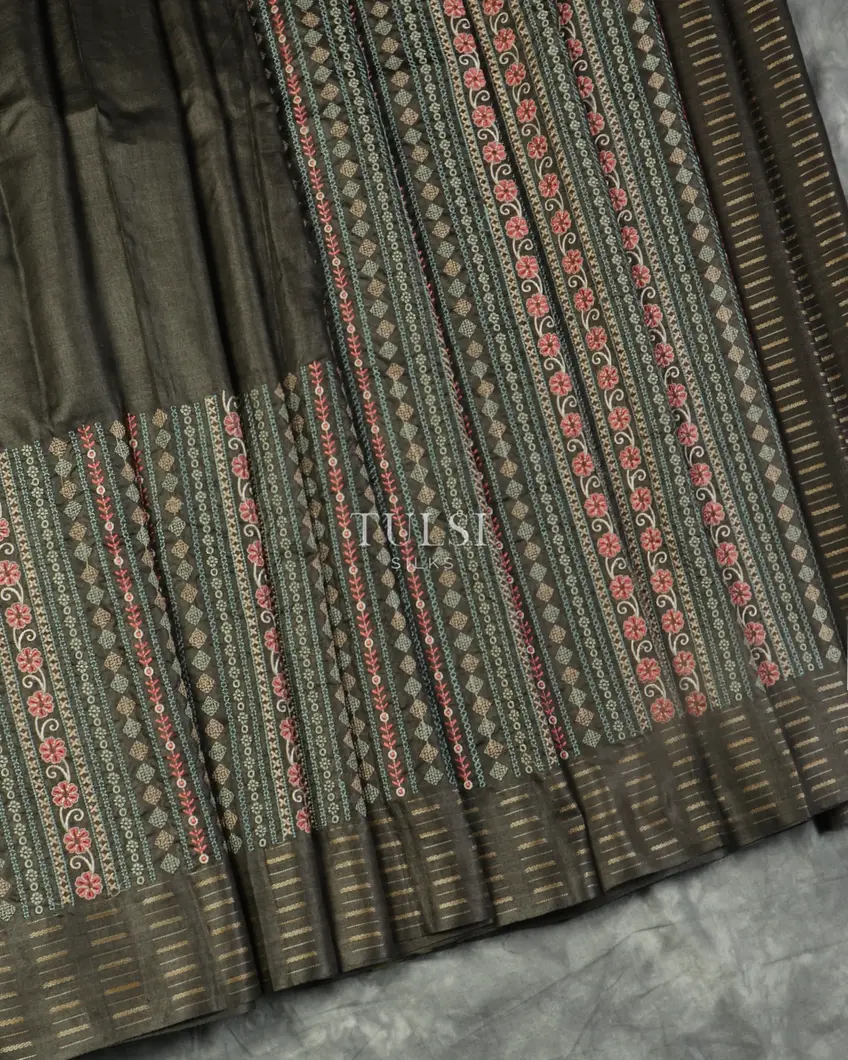 Elephant Grey Tussar Embroidery Saree T5198594