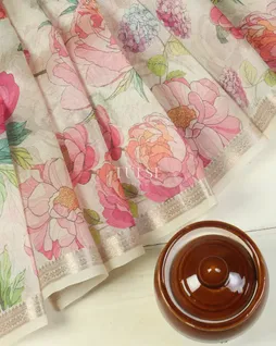 Off - White Tussar Organza Printed Saree T5129455
