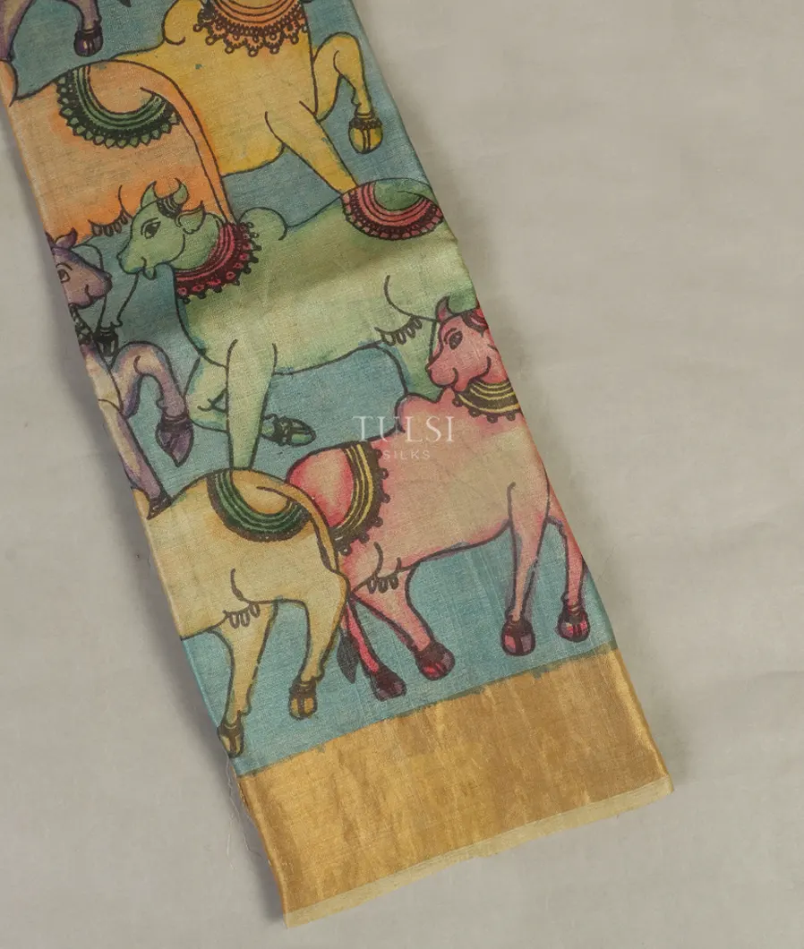 Blue Tussar Handpainted Kalamkari Saree T516902-image