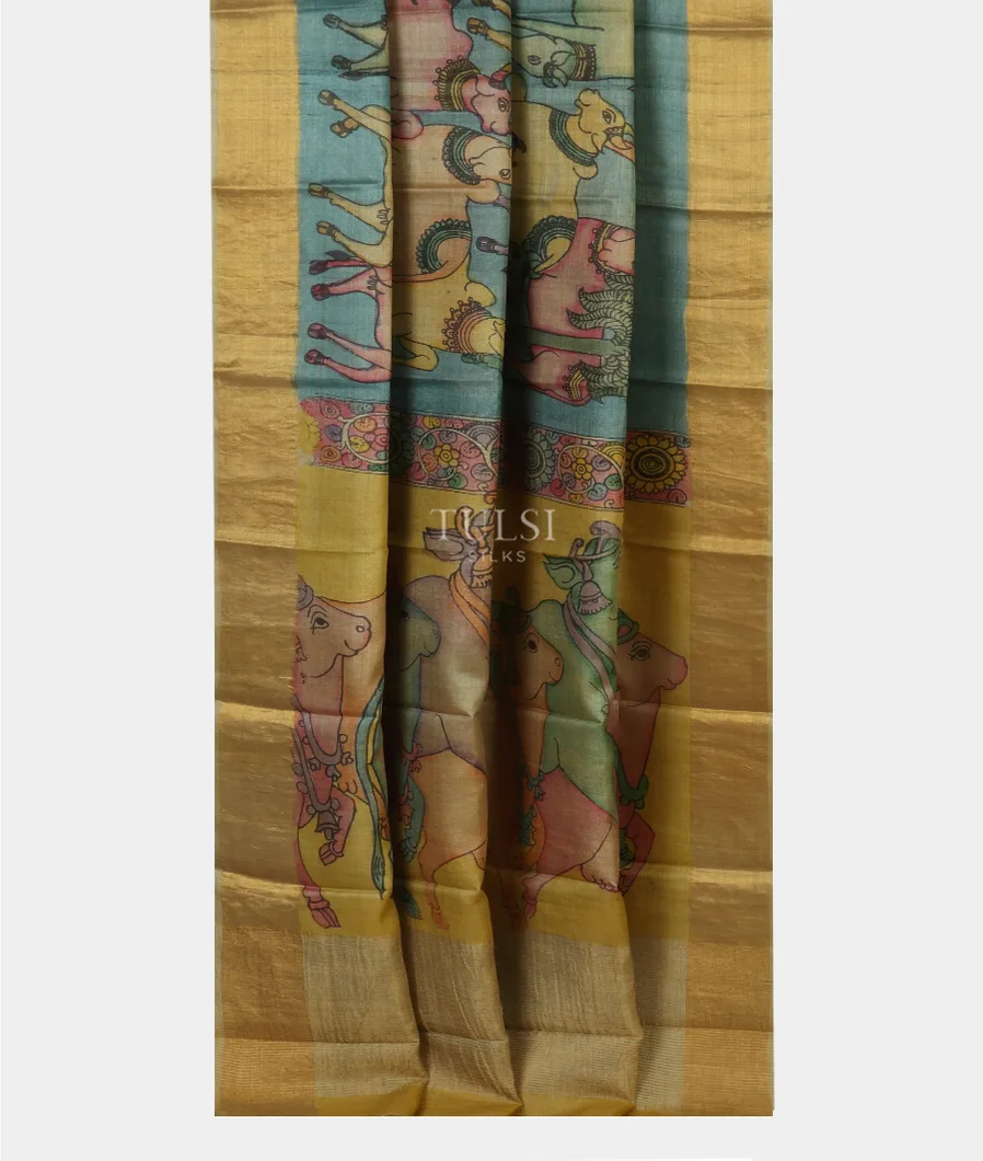 Blue Tussar Handpainted Kalamkari Saree T5169022