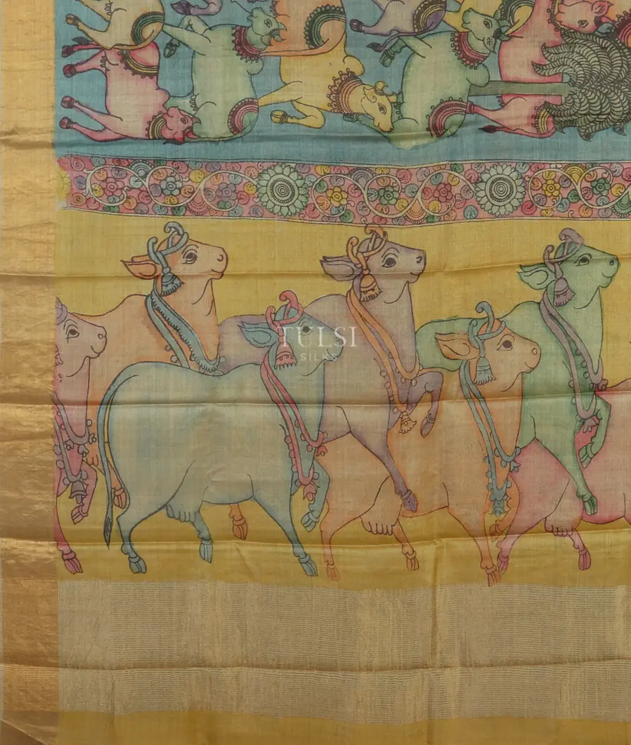 Blue Tussar Handpainted Kalamkari Saree T5169024