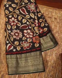 Deep Brown Mysore Crepe Kalamkari Handpainted Saree T5139781