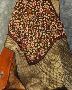 Deep Brown Mysore Crepe Kalamkari Handpainted Saree T5139782