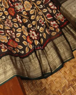 Deep Brown Mysore Crepe Kalamkari Handpainted Saree T5139784