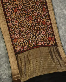 Deep Brown Mysore Crepe Kalamkari Handpainted Saree T5139785