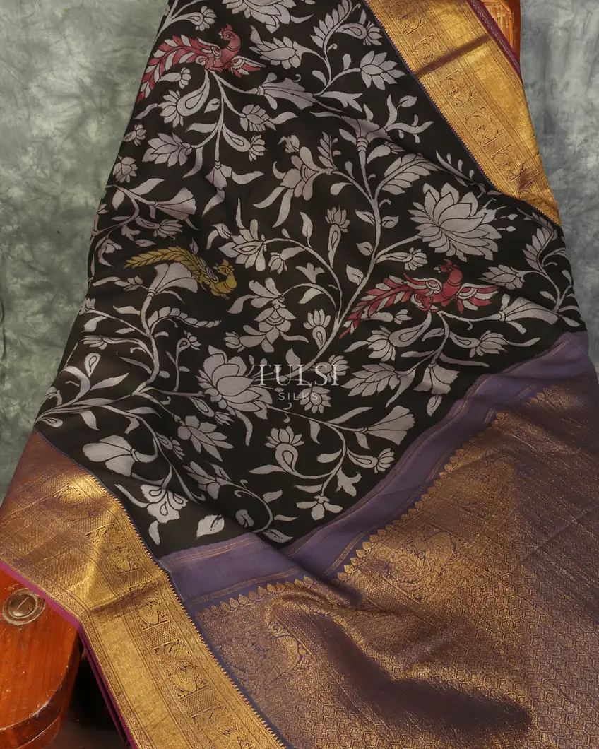 Black Kanjivaram Kalamkari Handpainted Saree T4083482