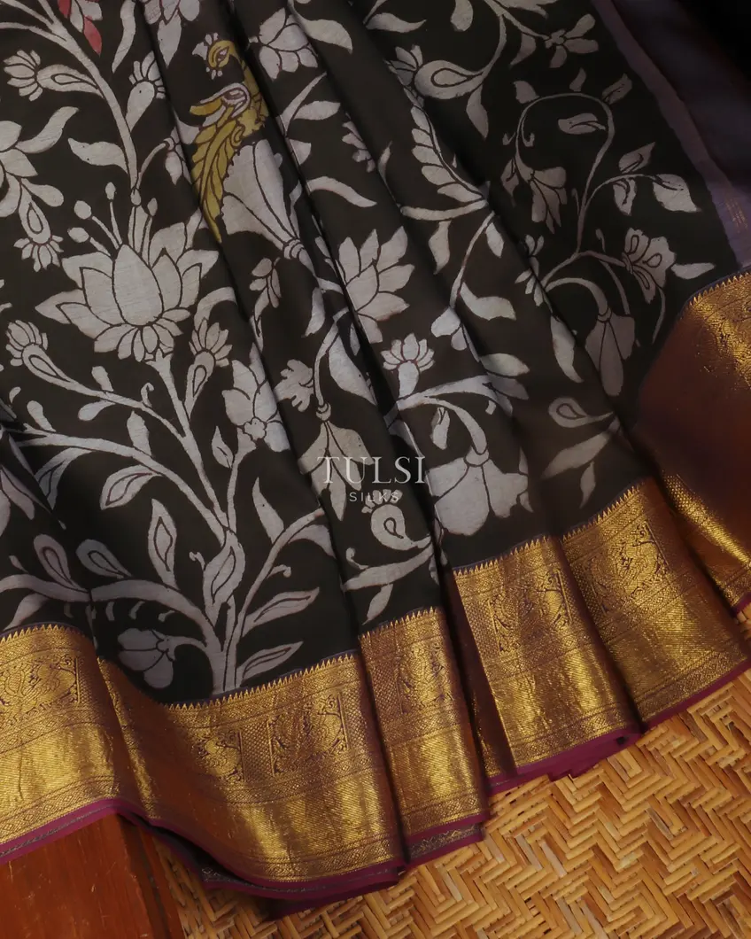 Black Kanjivaram Kalamkari Handpainted Saree T4083484