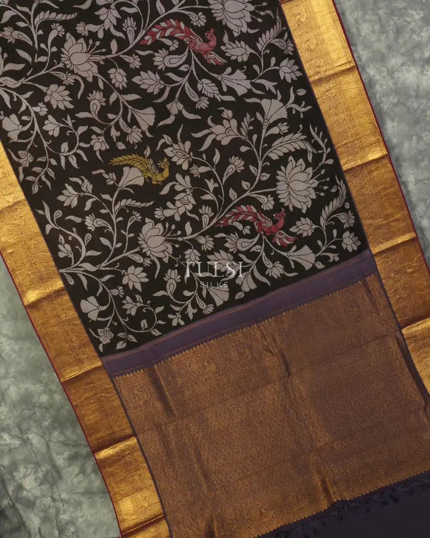 Black Kanjivaram Kalamkari Handpainted Saree T4083485