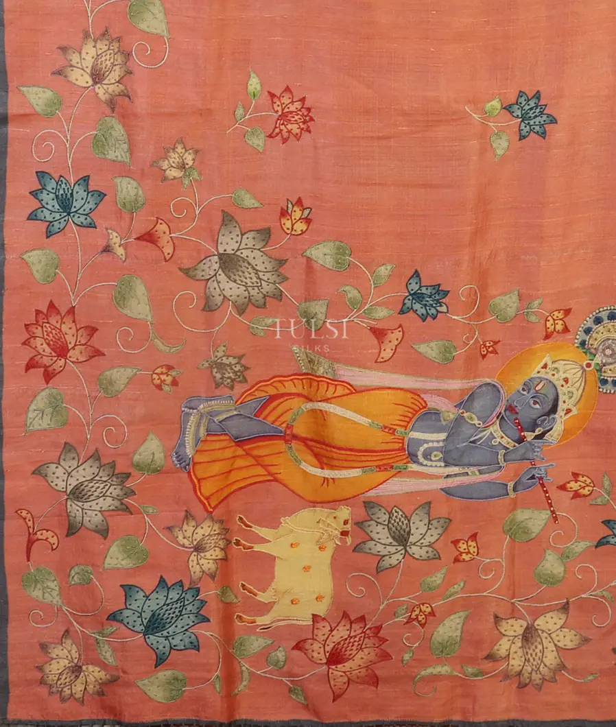 Peach Tussar Embroidery Saree T5125614