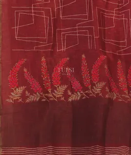 Red Linen Printed Saree T5184114