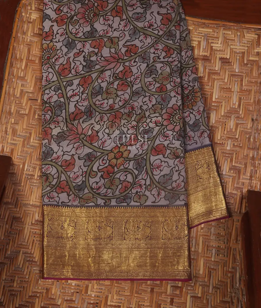 Purplish Grey Kanjivaram Kalamkari Handpainted Saree T407515-image