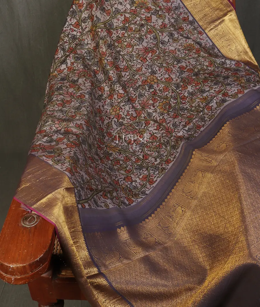 Purplish Grey Kanjivaram Kalamkari Handpainted Saree T4075152