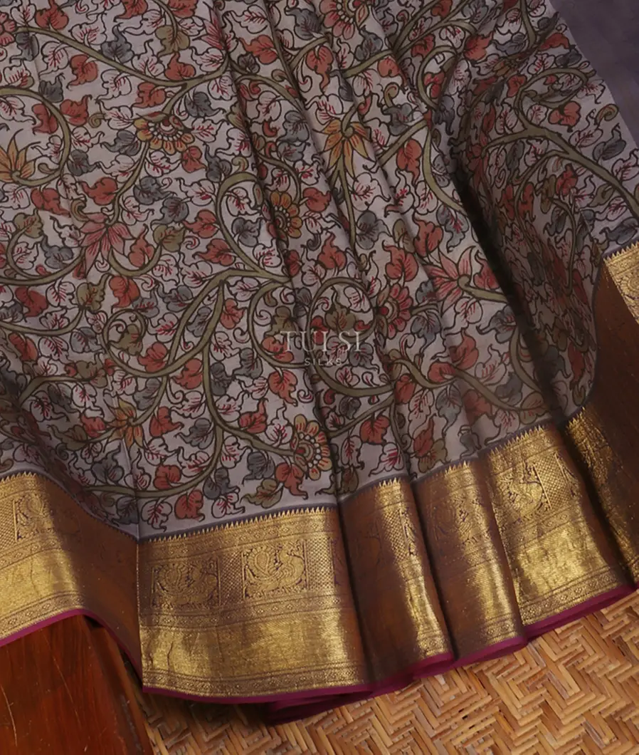 Purplish Grey Kanjivaram Kalamkari Handpainted Saree T4075154