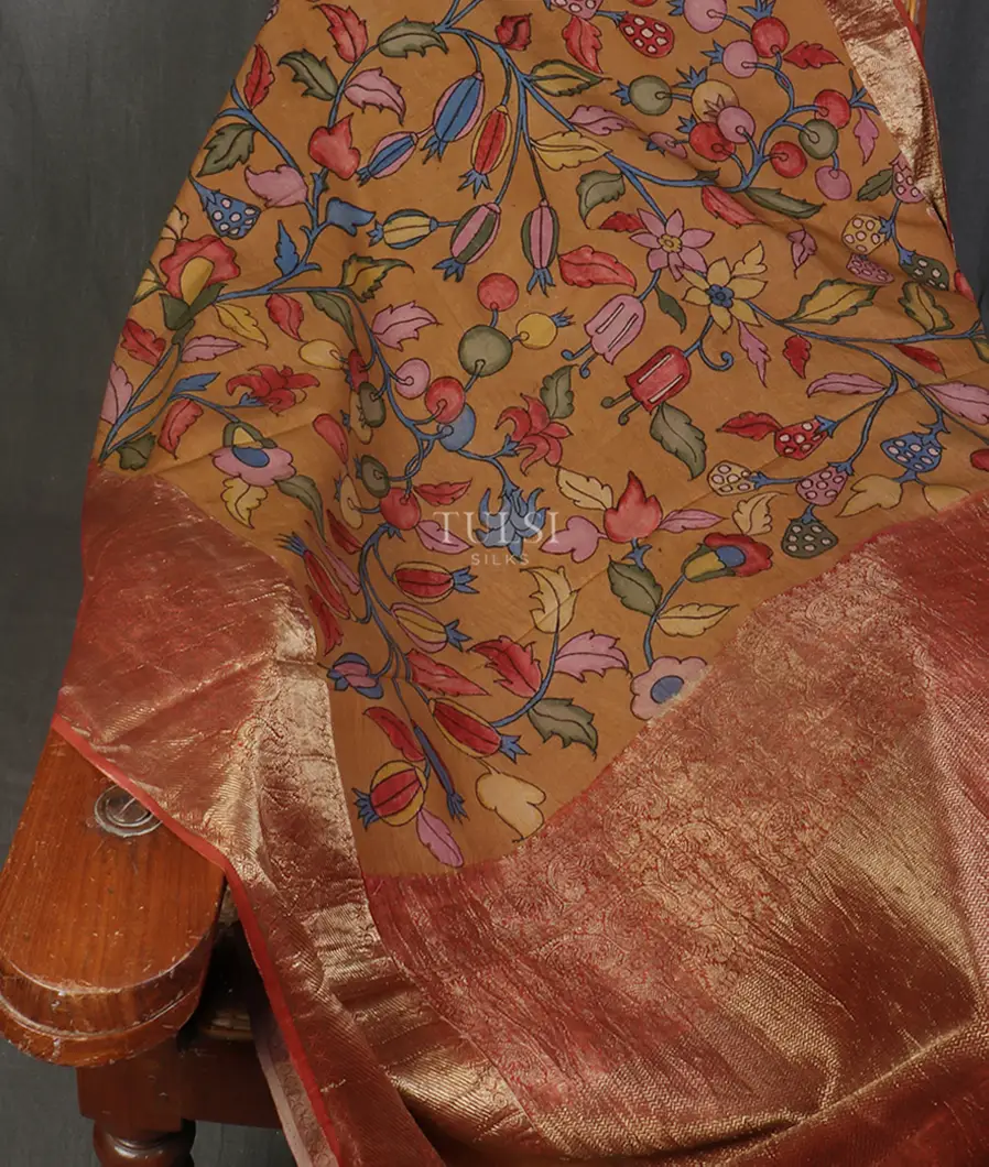 Brown Kanjivaram Kalamkari Handpainted Saree T4607582