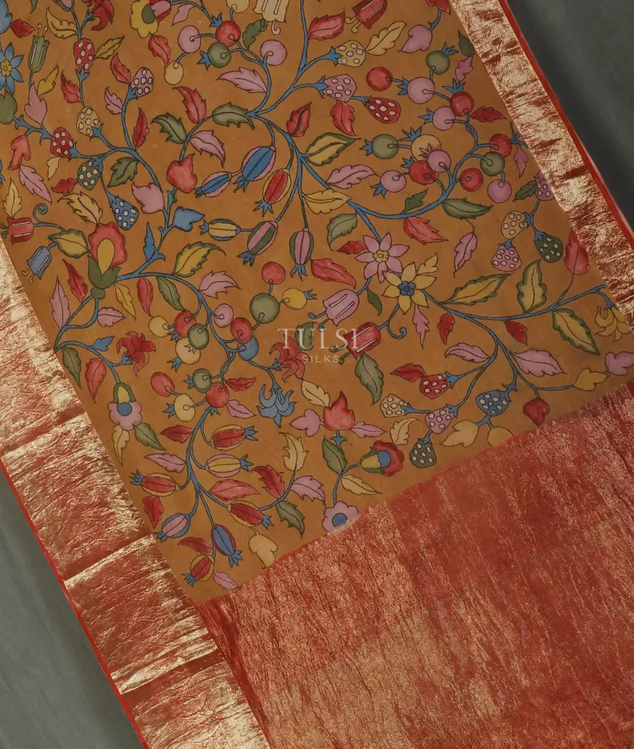 Brown Kanjivaram Kalamkari Handpainted Saree T4607585
