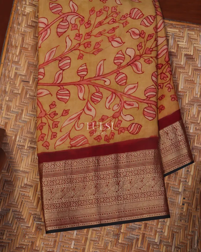 Beige Mysore Crepe Kalamkari Handpainted Saree T513981-image