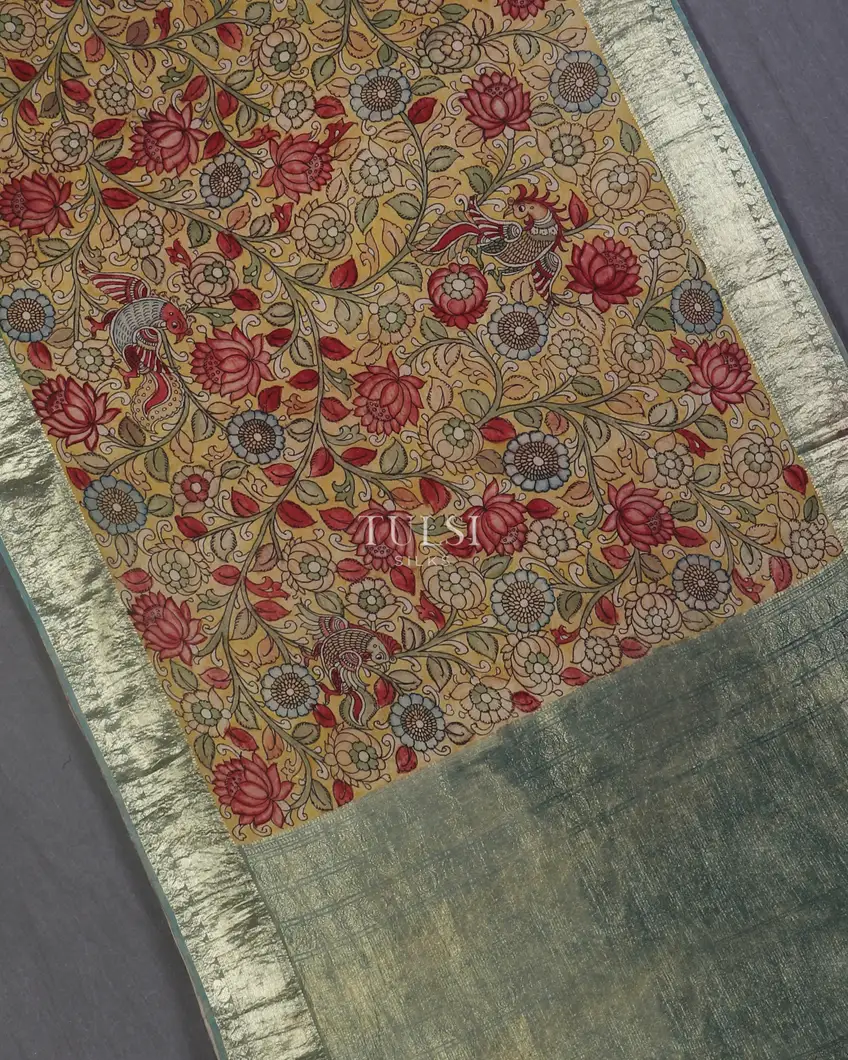 Beige Kanjivaram Kalamkari Handpainted Saree T4866195