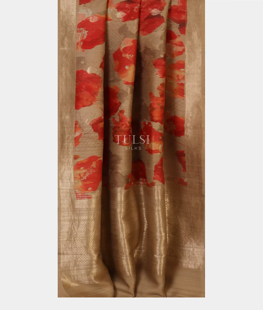 Beige Printed Banaras Tussar Georgette Saree T5035842