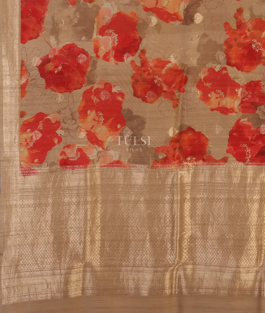 Beige Printed Banaras Tussar Georgette Saree T5035844