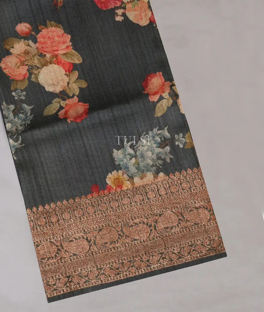 Elephant Grey Printed Banaras Tussar Georgette Saree T483682-image