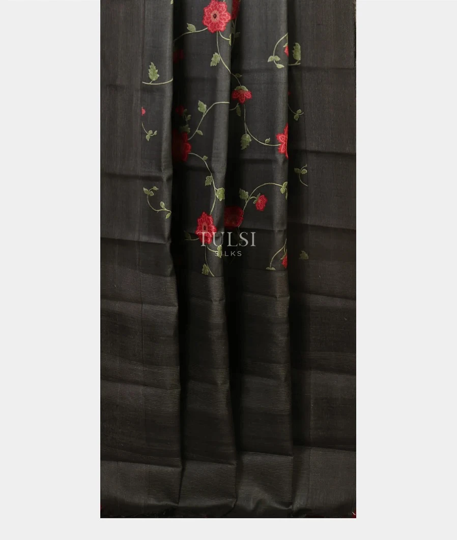 Elephant Grey Tussar Printed Silk Saree T5131492