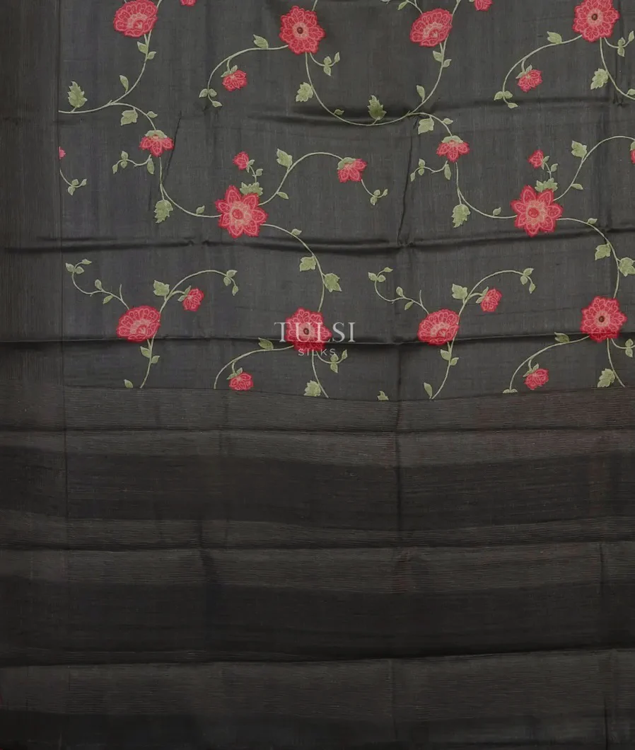 Elephant Grey Tussar Printed Silk Saree T5131494