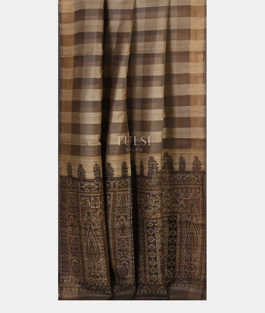 Grey and Beige Tussar Printed Saree T5251332
