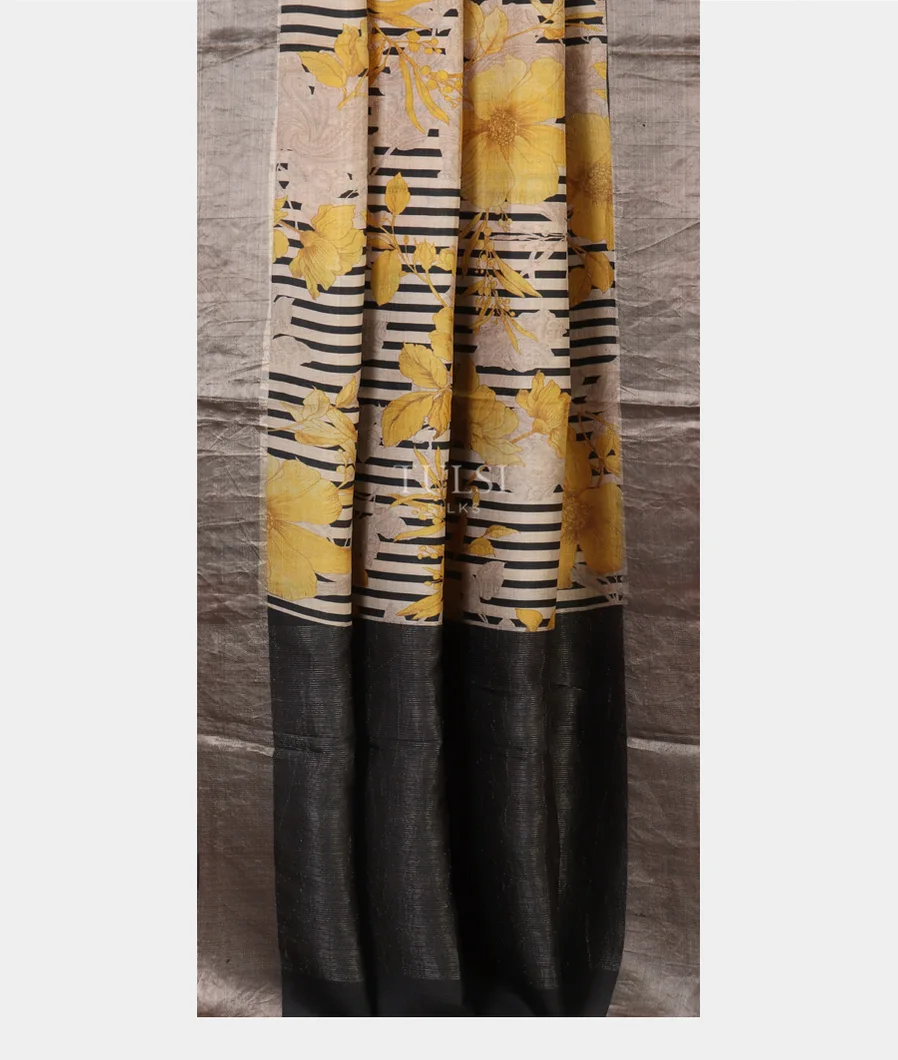 Black And White Tussar Printed Saree T5119322