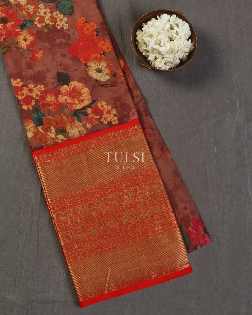 Brown Printed Kanjivaram Silk Pavadai T183650-image