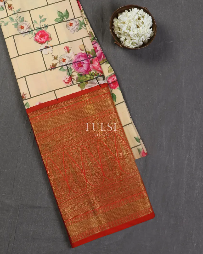 Cream Printed Kanjivaram Silk Pavadai T173120-image